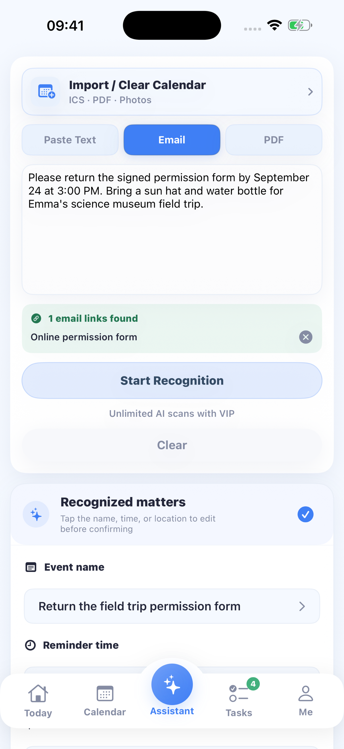 TodayCue AI Assistant recognizing Emma's permission form, time, items, and email link