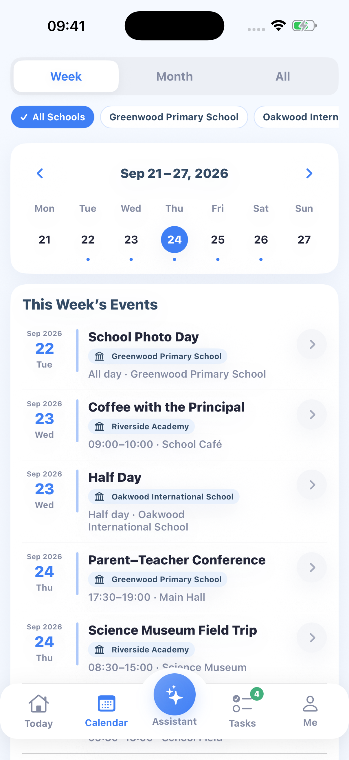 TodayCue weekly calendar with events from Greenwood, Riverside, and Oakwood schools