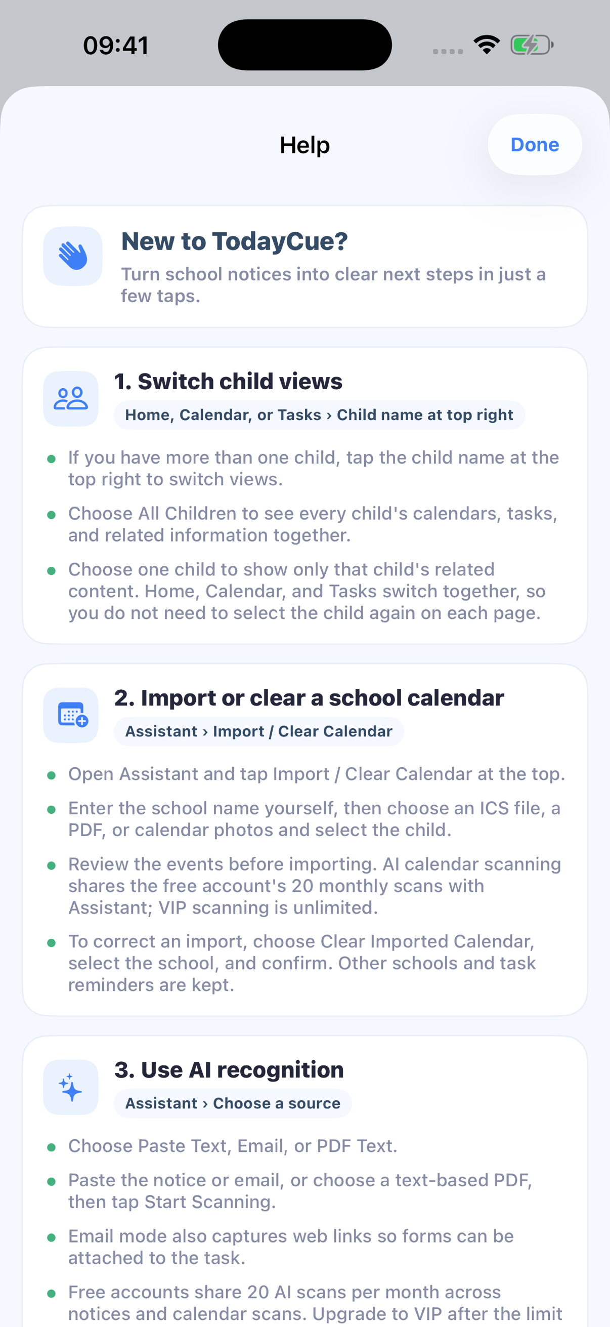 TodayCue English Help screen explaining calendar import, AI recognition, task editing, and zero-anxiety design