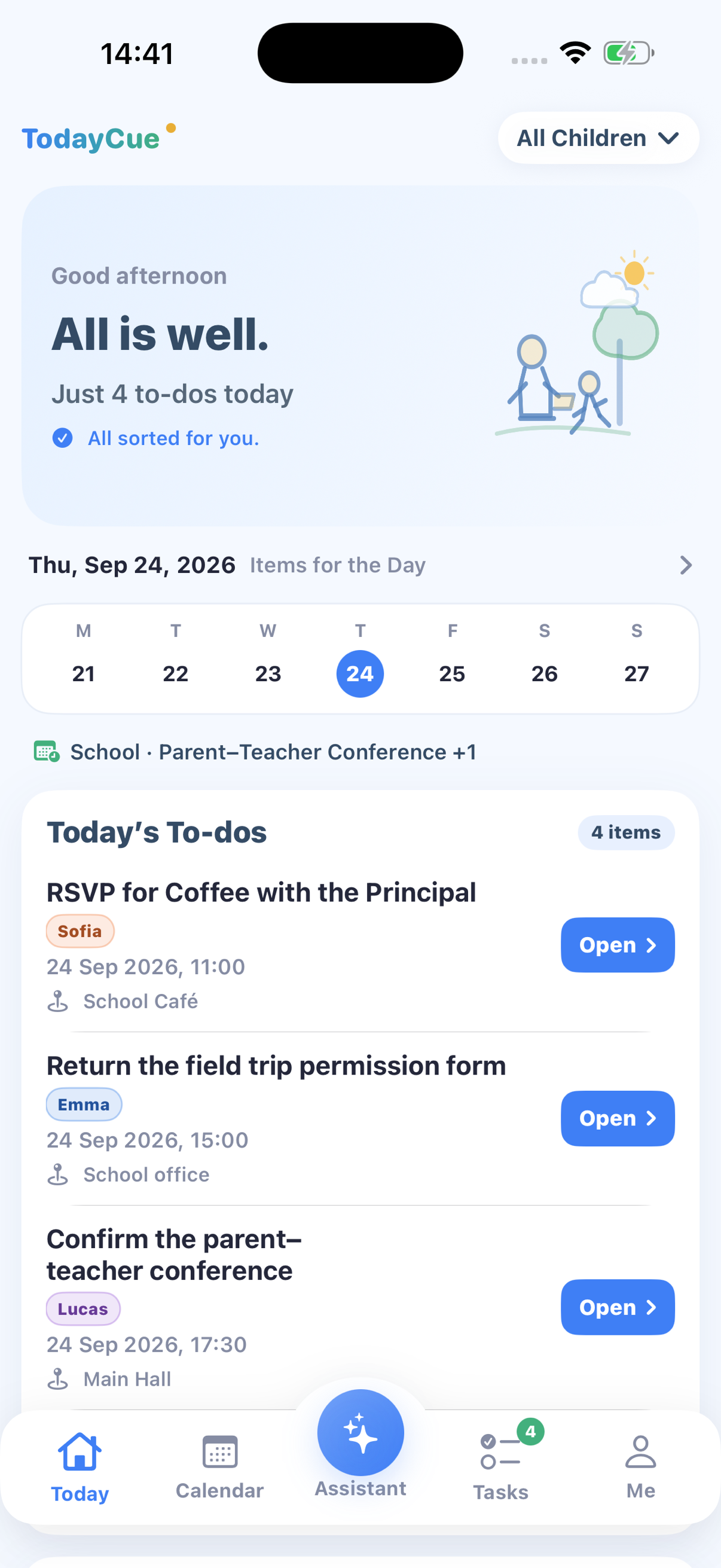 TodayCue Today screen with tasks and school events for Emma, Lucas, and Sofia