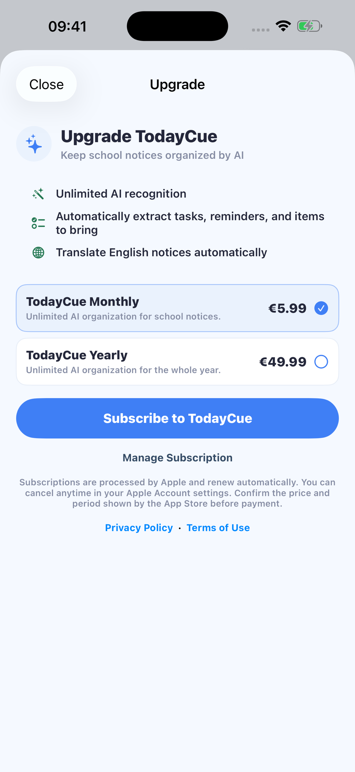 TodayCue English Upgrade page with current monthly and yearly prices